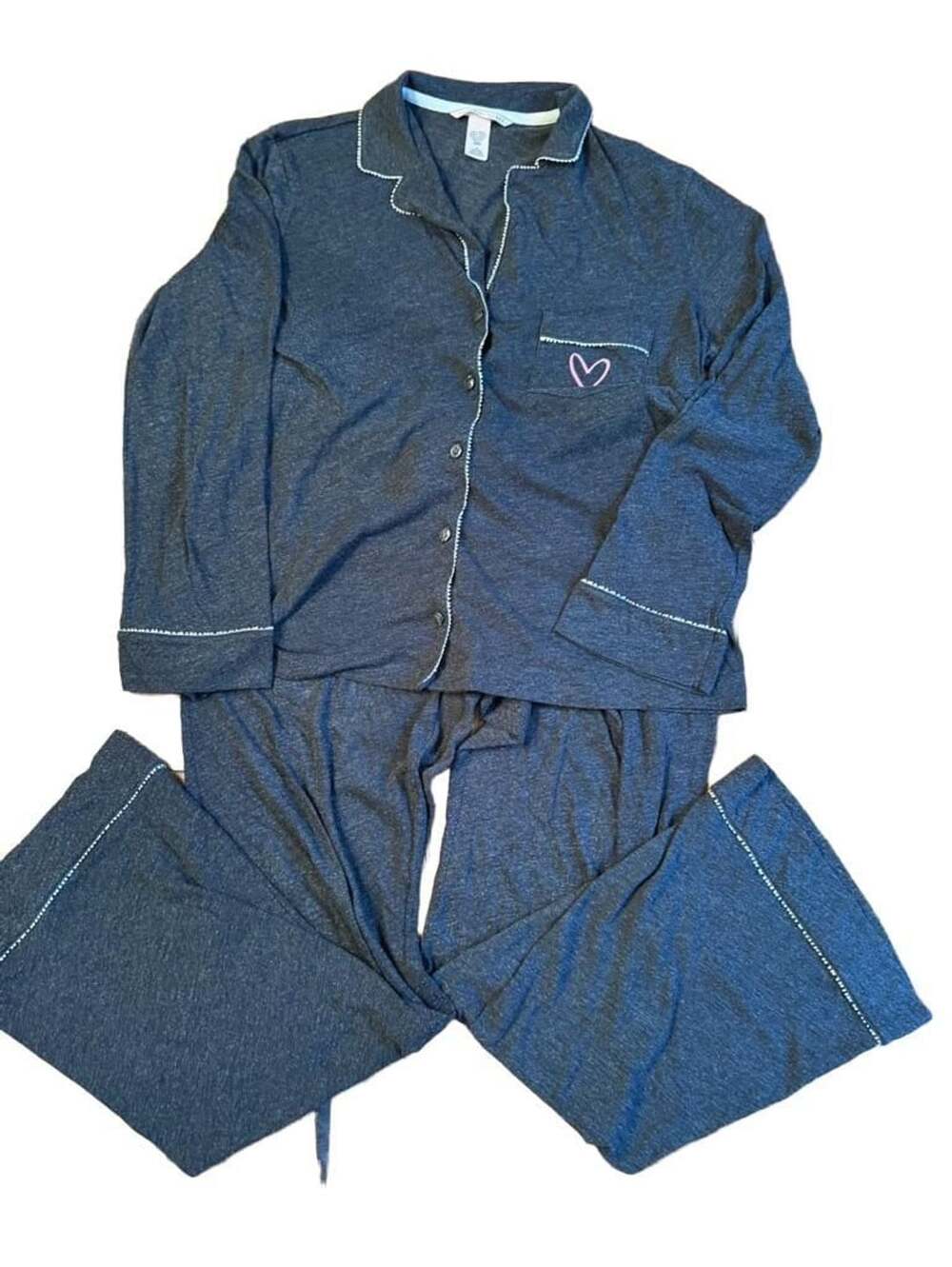 Victorias Secret Pajama Set  med Gray Heart Pocket Long Sleeve Pants h1514